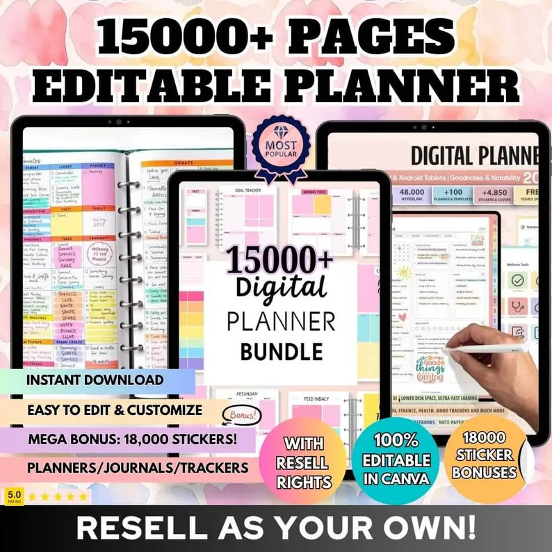 15,000+ PLR Planners, Journals & Trackers | Mega Editable Template Bundle | Instant Download, Customisable Daily, Weekly, Monthly Designs