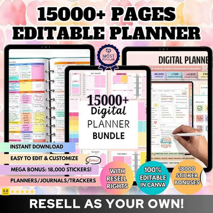 15,000+ PLR Planners, Journals & Trackers | Mega Editable Template Bundle | Instant Download, Customisable Daily, Weekly, Monthly Designs