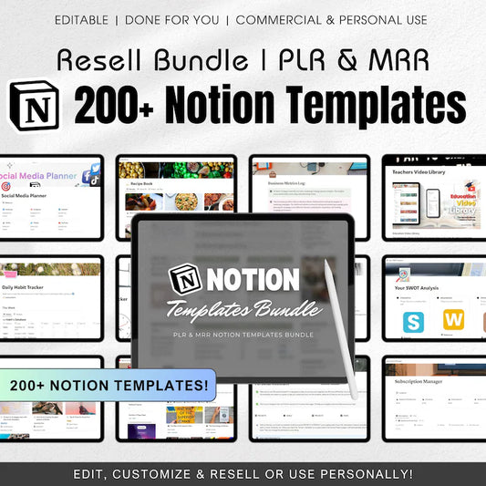 200+ Notion Templates | PLR Resell Rights | Resellable Digital Product, Notion Planner, Notion Templates Bundle, Notion MRR Resellable Vault